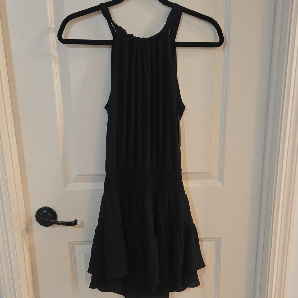 KRISA Black Sleeveless Dress, Ruched Waist, Tiered Skirt, Keyhole, Tie, XS, NWT